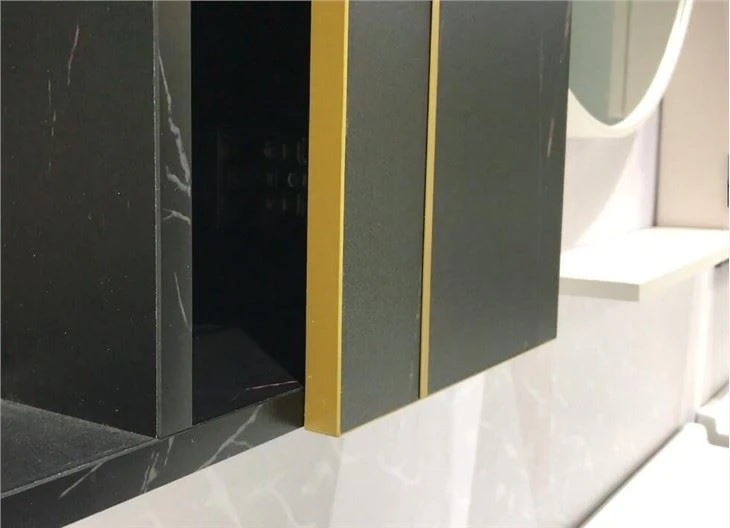 bathroom with black vanity